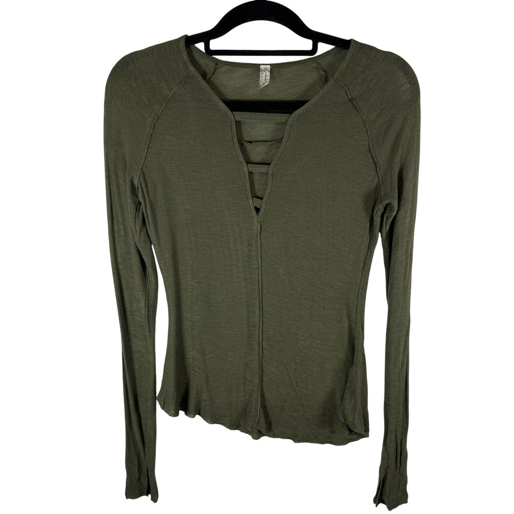 Intimately Free People Olive Green Strappy V-Neck Long Sleeve Top Medium Boho‎